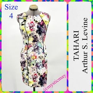 TAHARI ASL Sleeveless Pink & Black Multicolor Floral Sheath Career Dress Size 4